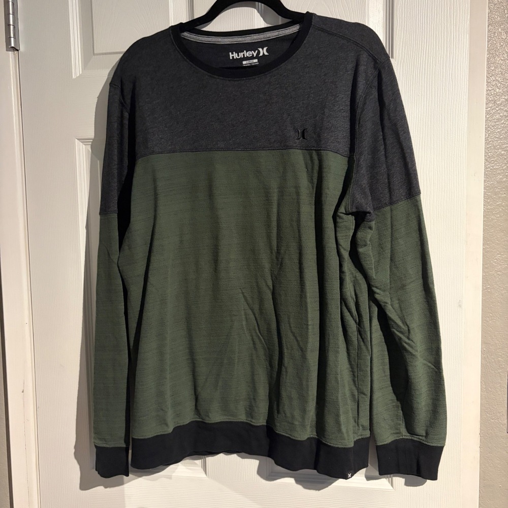 Hurley Mens Large Long Sleeve Crewneck Colorblock Shirt Grey Green Heathered